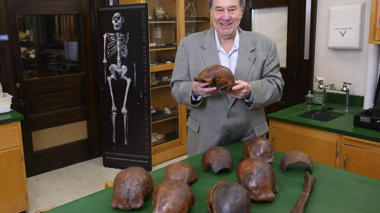Professor Russell Ciochon holds a cast of a Homo erectus skull at his lab. Image credit: AP