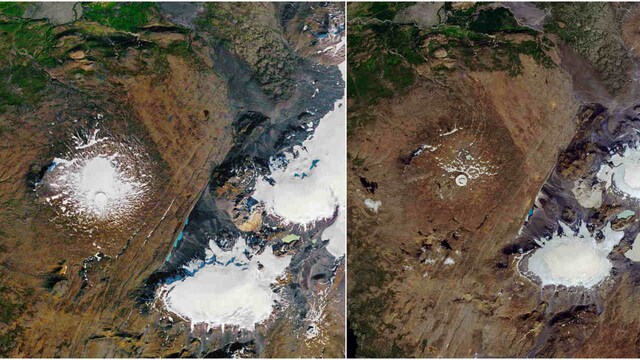 Iceland's Okjokull is the first glacier recorded in human history that was lost to climate change, earlier this year. These images show the before (left) and after (right) of the area in Iceland where the glacier is located. Image: NASA Iceland's Okjokull is the first glacier recorded in human history that was lost to climate change, earlier this year. These images show the before (left) and after (right) of the area in Iceland where the glacier is located. Image: NASA