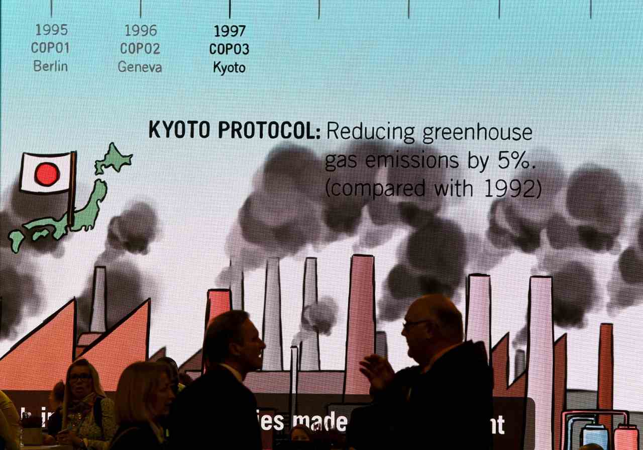 Visitors chat in front of a giant screen featuring information related to the Kyoto protocol at the
