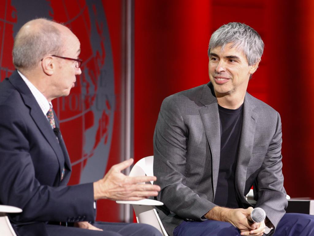 Larry Page (R) and Alan Murray speak during the Fortune Global Forum at the Legion Of Honor in San Francisco, November 2015. Image: Getty