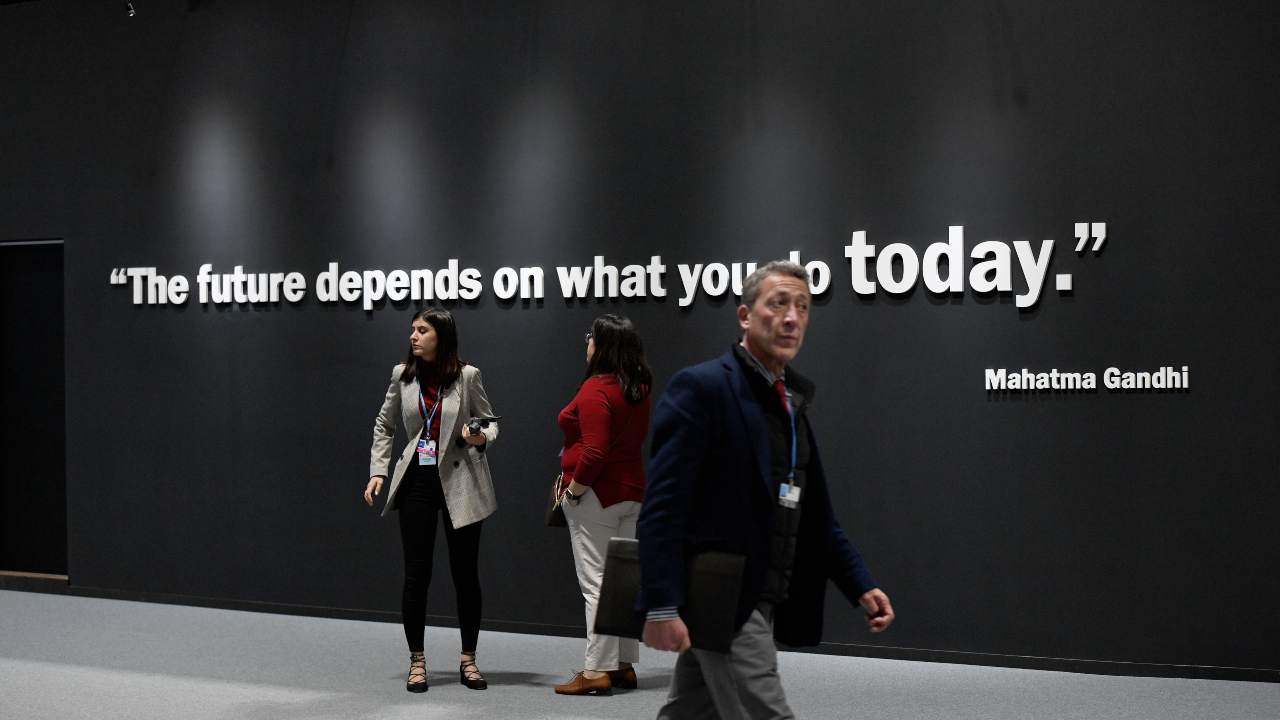 One of the several displays at the India pavillion at COP25 in Madrid, honoring 150 years of Mahatma Gandhi. Image: Getty