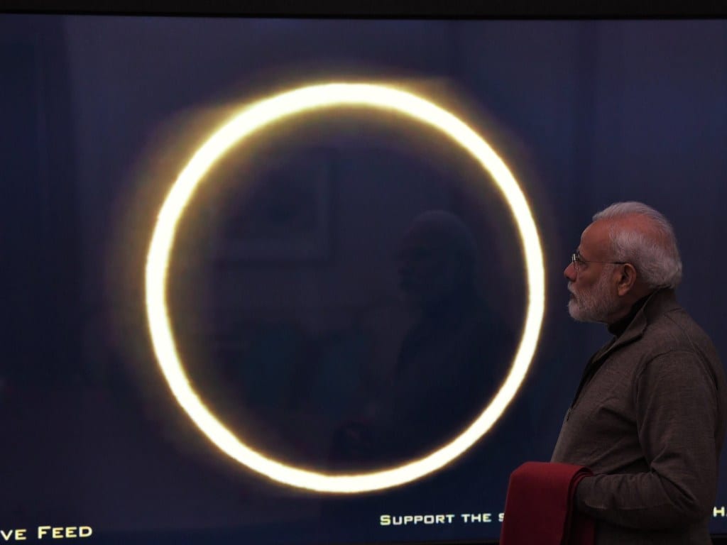 PM Modi could not see the Sun due to cloud cover but did catch glimpses of the eclipse in Kozhikode on live stream. Image: PMO/Twitter PM Modi could not see the Sun due to cloud cover but did catch glimpses of the eclipse in Kozhikode on live stream. Image: PMO/Twitter