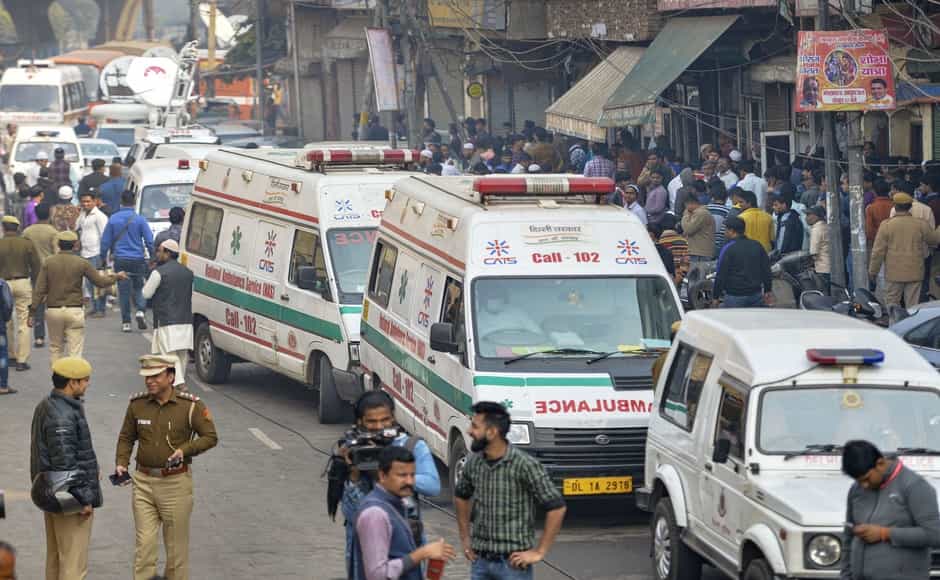 Ambulances parked near the site where the major fire broke out. 34 people have been brought dead to LNJP hospital and smoke inhalation was the primary cause of death. Some of the bodies were charred, Dr Kishore Singh, Medical Superintendent, LNJP, said. Out of the 15 injured brought to LNJP, nine people are under observation and others have partial injuries, he said. PTI Ambulances parked near the site where the major fire broke out. 34 people have been brought dead to LNJP hospital and smoke inhalation was the primary cause of death. Some of the bodies were charred, Dr Kishore Singh, Medical Superintendent, LNJP, said. Out of the 15 injured brought to LNJP, nine people are under observation and others have partial injuries, he said. PTI