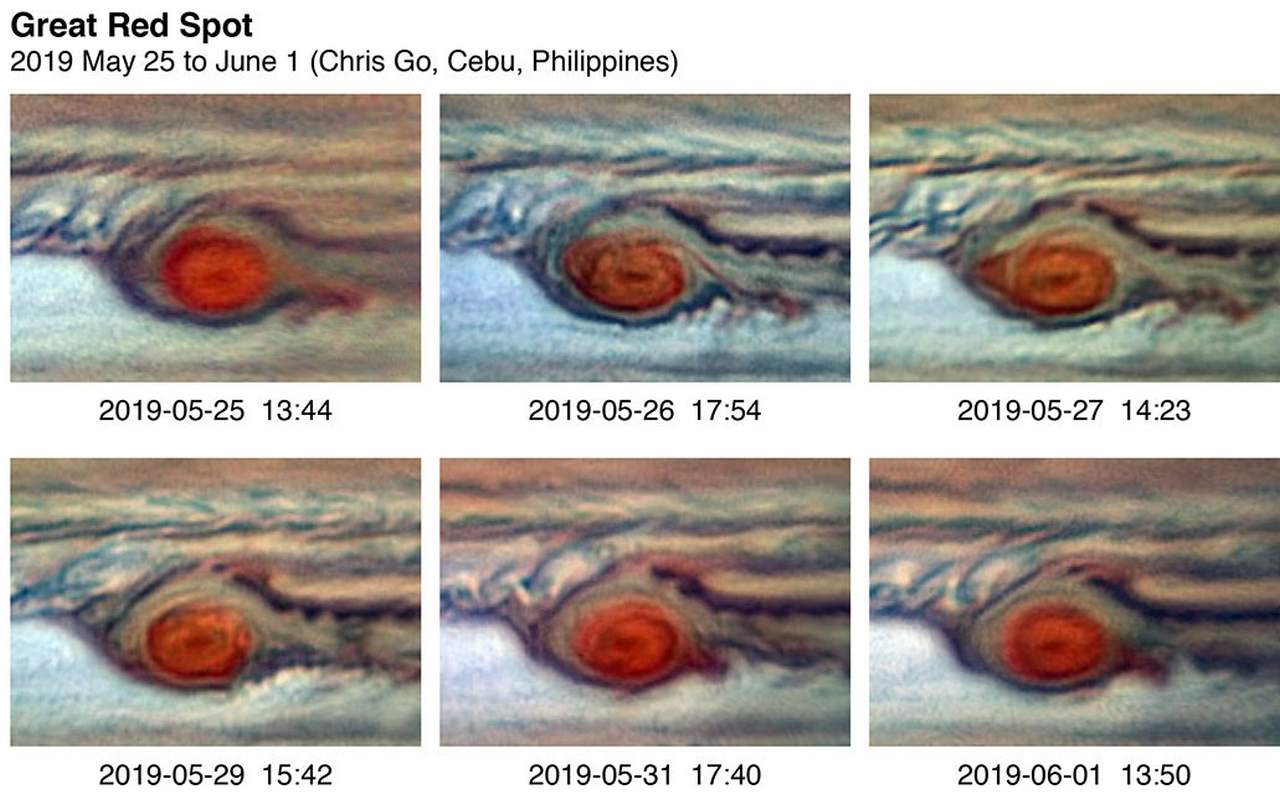 A (false color) series of images capturing the repeated flaking of red clouds from the GRS in the Spring of 2019. In the earliest image, the flaking is predominant on the east side of the giant red vortex. The flake then breaks off from the GRS, but a new flake starts to detach in the fifth image. Image credit: Chris Go
