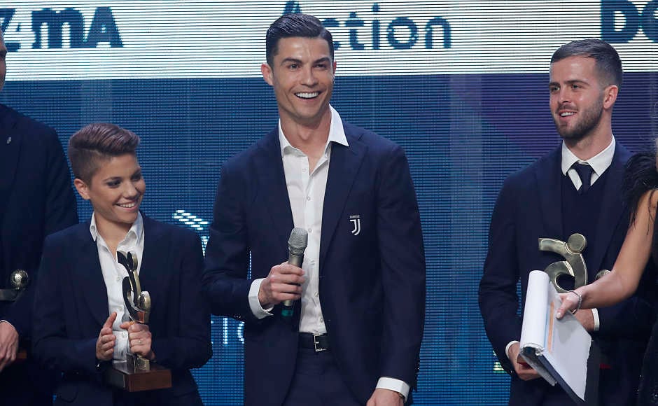 Away from the Ballon d'Or ceremony in Paris, Ronaldo was at the Gran Gala del Calcio in Milan to collect his prize as Italian league’s player of the year. “I’m very happy to play in Italy, it’s a very difficult league. Thanks to everyone for having voted for me. I want to do as well this year, too,” he said upon collecting the award. (AP) Away from the Ballon d'Or ceremony in Paris, Ronaldo was at the Gran Gala del Calcio in Milan to collect his prize as Italian league’s player of the year. “I’m very happy to play in Italy, it’s a very difficult league. Thanks to everyone for having voted for me. I want to do as well this year, too,” he said upon collecting the award. (AP)