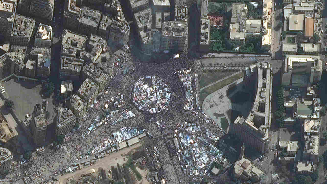 The Arab Spring was a political movement that spread in the Islamic states from 2010. The people demanded freedom from their autocratic leaders, better economic conditions and human rights. Here, thousands of people had gathered in Tahrir Square, Egypt to protest the government’s brutality and oppressiveness. Their protests lead to the resignation of President Hosni Mubarak. Image credit: Maxar Technology Inc The Arab Spring was a political movement that spread in the Islamic states from 2010. The people demanded freedom from their autocratic leaders, better economic conditions and human rights. Here, thousands of people had gathered in Tahrir Square, Egypt to protest the government’s brutality and oppressiveness. Their protests lead to the resignation of President Hosni Mubarak. Image credit: Maxar Technology Inc
