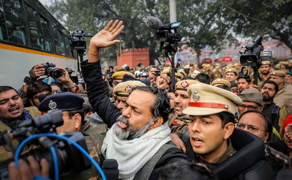 cores of protestors were detained by the Delhi Police near Red Fort when they tried to take out a march to protest the Citizenship (Amendment) Act in defiance of the prohibitory orders imposed there. Swarajya Abhiyan chief Yogendra Yadav, former JNU student Umar Khalid and ex-JNUSU president N Sai Balaji were among those who were detained, officials said. PTI cores of protestors were detained by the Delhi Police near Red Fort when they tried to take out a march to protest the Citizenship (Amendment) Act in defiance of the prohibitory orders imposed there. Swarajya Abhiyan chief Yogendra Yadav, former JNU student Umar Khalid and ex-JNUSU president N Sai Balaji were among those who were detained, officials said. PTI