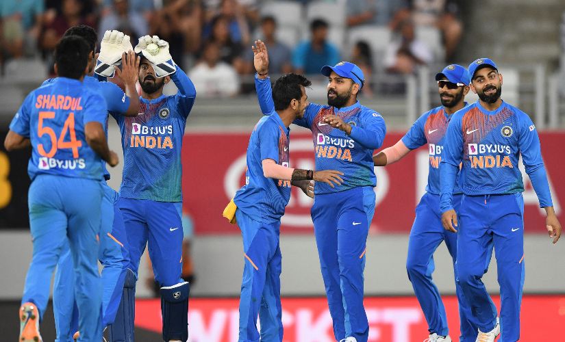 Indian cricketers celebrate the wicket of New Zealand's Marin Guptill for 30 during the first T20I of the five-match series against New Zealand. AP Indian cricketers celebrate the wicket of New Zealand's Marin Guptill for 30 during the first T20I of the five-match series against New Zealand. AP