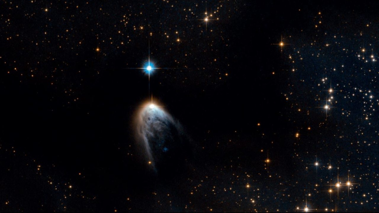 This image is the birth announcement of a young star named IRAS 14568-6304. It is cloaked in a haze of golden gas and dust. The dark region swirling around is known as the Circinus molecular cloud that has a mass around 250,000 times that of the Sun and is filled with gas, dust and other young stars. Image credit: ESA/Hubble This image is the birth announcement of a young star named IRAS 14568-6304. It is cloaked in a haze of golden gas and dust. The dark region swirling around is known as the Circinus molecular cloud that has a mass around 250,000 times that of the Sun and is filled with gas, dust and other young stars. Image credit: ESA/Hubble