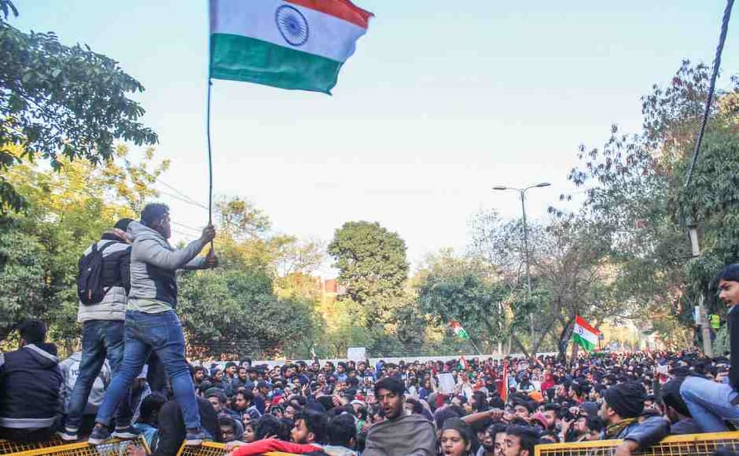 With the National Flag and images of Mahatma Gandhi in their hands, the students were protesting against Delhi Police. Mohammad Meharban With the National Flag and images of Mahatma Gandhi in their hands, the students were protesting against Delhi Police. Mohammad Meharban