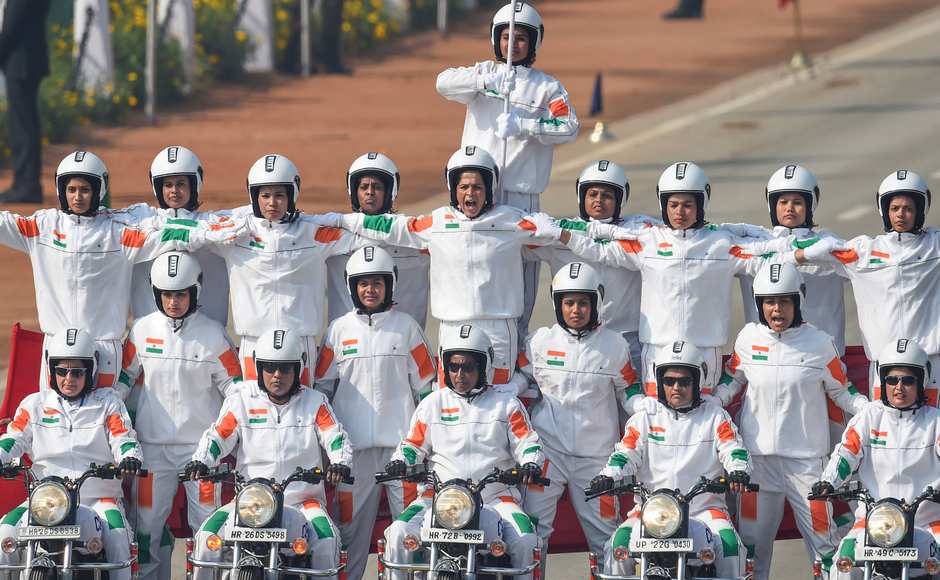 Motorcycle stunts by an all-women team of Central Reserve Police Force (CRPF), including a 21-member human pyramid, was another highlight of the parade. PTI Motorcycle stunts by an all-women team of Central Reserve Police Force (CRPF), including a 21-member human pyramid, was another highlight of the parade. PTI