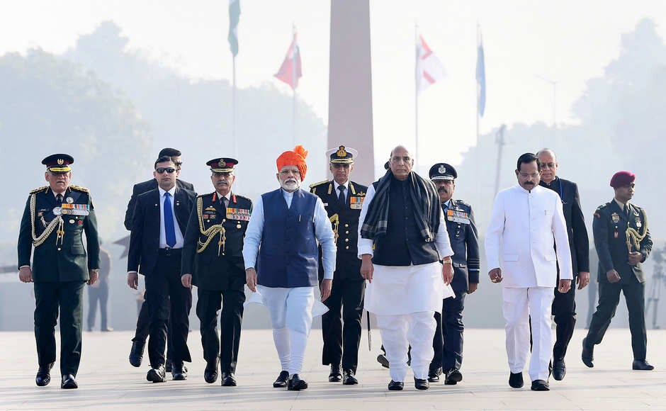 The 71st Republic Day parade at Rajpath on Sunday began with the sombre wreath-laying ceremony at the National War Memorial, inaugurated in February last year. Prime Minister Narendra Modi, along with the Chief of Defence Staff General Bipin Rawat, Army Chief General MM Naravane. PTI The 71st Republic Day parade at Rajpath on Sunday began with the sombre wreath-laying ceremony at the National War Memorial, inaugurated in February last year. Prime Minister Narendra Modi, along with the Chief of Defence Staff General Bipin Rawat, Army Chief General MM Naravane. PTI