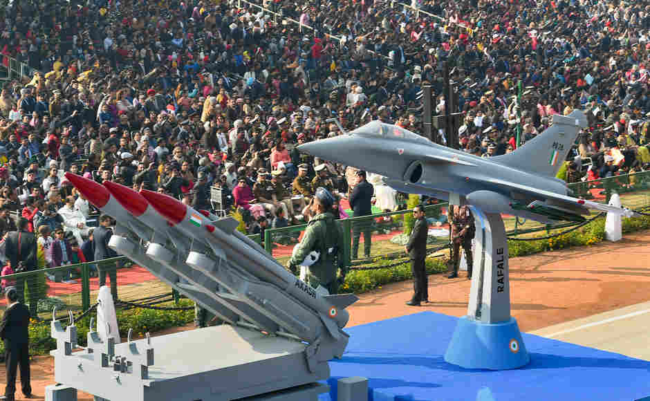 The Indian Air Force tableau showcased scaled-down models of the Rafale aircraft, the Tejas aircraft, the Light Combat Helicopter, the Akash Missiles System and the Astra Missiles. PTI The Indian Air Force tableau showcased scaled-down models of the Rafale aircraft, the Tejas aircraft, the Light Combat Helicopter, the Akash Missiles System and the Astra Missiles. PTI