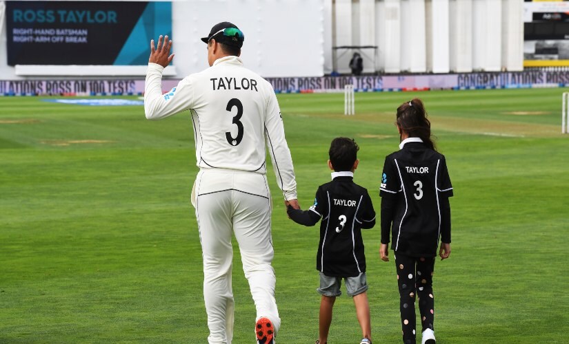 New Zealand’s Ross Taylor with two of his children Jonty left and McKenzie before his 100th Test, prior to the start of the first Test between India and New Zealand at the Basin Reserve in Wellington, New Zealand. AP New Zealand’s Ross Taylor with two of his children Jonty left and McKenzie before his 100th Test, prior to the start of the first Test between India and New Zealand at the Basin Reserve in Wellington, New Zealand. AP
