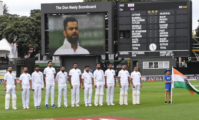 Indian team lines up for the national anthems prior to the first Test between India and New Zealand at the Basin Reserve in Wellington, New Zealand. AP Indian team lines up for the national anthems prior to the first Test between India and New Zealand at the Basin Reserve in Wellington, New Zealand. AP