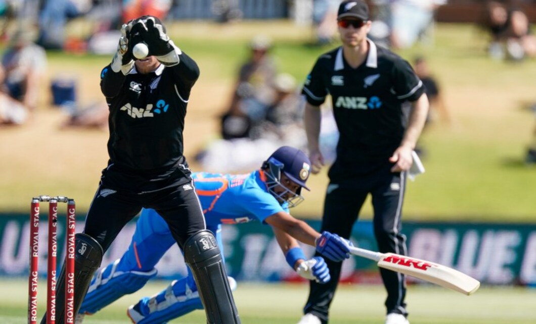 New Zealand’s Tom Latham runs out Prithvi Shaw during the third ODI between India and New Zealand. AP New Zealand’s Tom Latham runs out Prithvi Shaw during the third ODI between India and New Zealand. AP