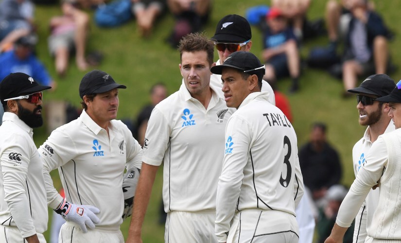 New Zealand’s Tim Southee, centre, after bowling India's Prithvi Shaw for 16 during the first Test between India and New Zealand. AP New Zealand’s Tim Southee, centre, after bowling India's Prithvi Shaw for 16 during the first Test between India and New Zealand. AP