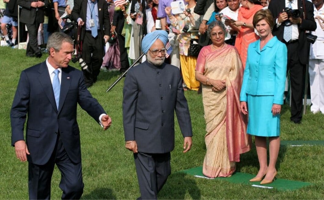 Former US President George W Bush, former Indian Prime Minister Manmohan Singh, former US First Lady Laura Bush and Mrs Gursharan Kaur on the White House South Lawn in Washington DC for their first summit meeting in July 2005. Among the topics of discussion were reforms to the United Nations and strengthening economic ties. In 2006, Laura and George W Bush visited India with a delegation including the then Secretary of State Condoleezza Rice and Assistant Secretary of State for South and Central Asia Richard Boucher. Bush's visit was seen primarily revolving around the so-called nuclear deal involving the civilian nuclear energy cooperation between India and the United States. Photo via Getty Images. Former US President George W Bush, former Indian Prime Minister Manmohan Singh, former US First Lady Laura Bush and Mrs Gursharan Kaur on the White House South Lawn in Washington DC for their first summit meeting in July 2005. Among the topics of discussion were reforms to the United Nations and strengthening economic ties. In 2006, Laura and George W Bush visited India with a delegation including the then Secretary of State Condoleezza Rice and Assistant Secretary of State for South and Central Asia Richard Boucher. Bush's visit was seen primarily revolving around the so-called nuclear deal involving the civilian nuclear energy cooperation between India and the United States. Photo via Getty Images.