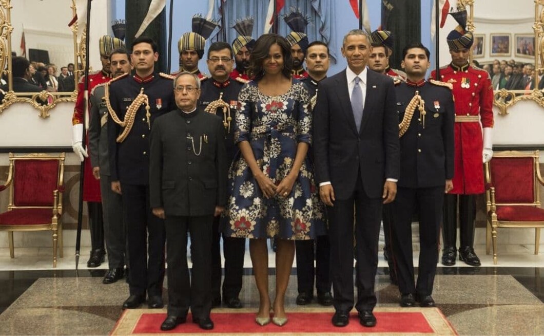Former Indian President Pranab Mukherjee with former US President Barack Obama and former First Lady Michelle Obama at the State Dinner at Rashtrapati Bhawan in New Delhi in January 2015. The Obamas attended the Republic Day celebrations, becoming the first US President to do so. Obama is also the first to visit India twice during his presidency. Photo via Getty Images. Former Indian President Pranab Mukherjee with former US President Barack Obama and former First Lady Michelle Obama at the State Dinner at Rashtrapati Bhawan in New Delhi in January 2015. The Obamas attended the Republic Day celebrations, becoming the first US President to do so. Obama is also the first to visit India twice during his presidency. Photo via Getty Images.