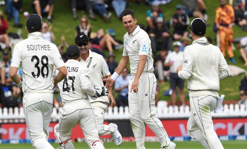 New Zealand’s Trent Boult, centre, celebrates the dismissal of India's Mayank Agarwal for 34 during the first Test between India and New Zealand. AP New Zealand’s Trent Boult, centre, celebrates the dismissal of India's Mayank Agarwal for 34 during the first Test between India and New Zealand. AP