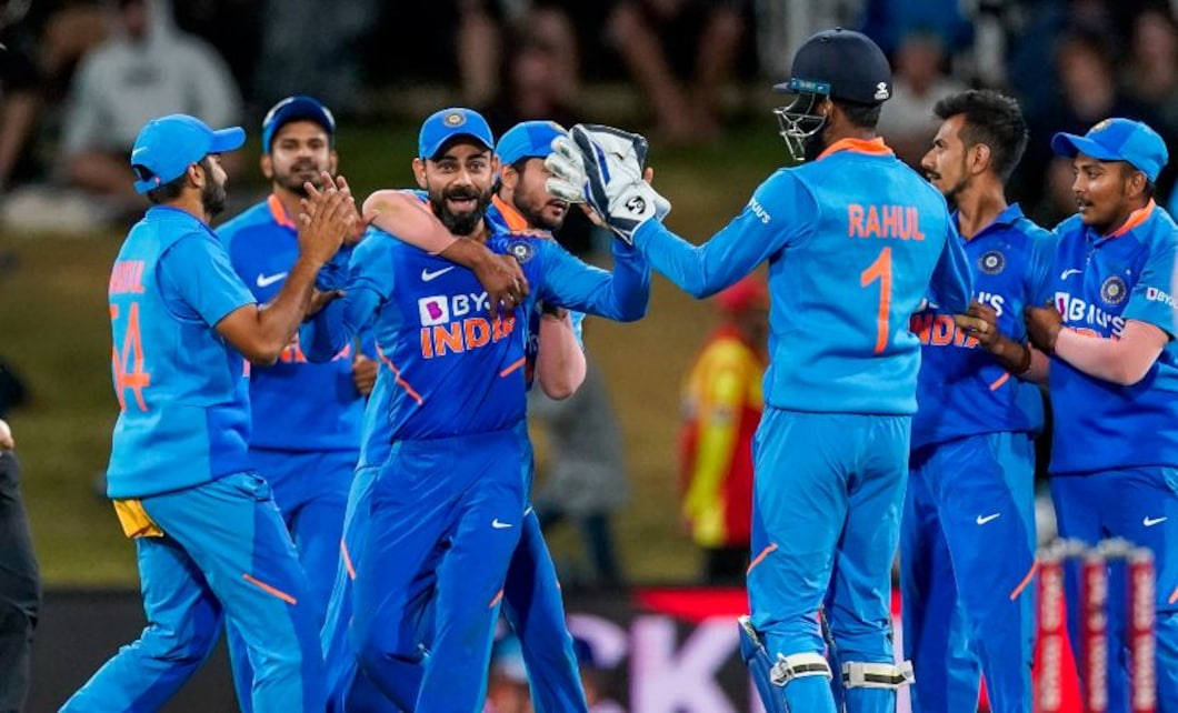 India's Virat Kohli, centre, celebrates the wicket of New Zealand's Jimmy Neesham during the third ODI between India and New Zealand. AP India's Virat Kohli, centre, celebrates the wicket of New Zealand's Jimmy Neesham during the third ODI between India and New Zealand. AP