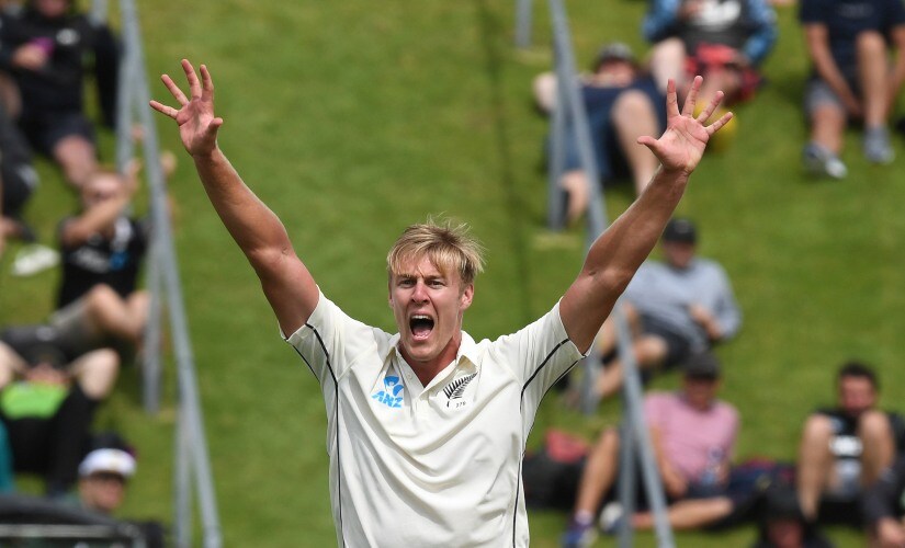 New Zealand’s Kyle Jamieson took three wickets on debut, including the prized scalp of India captain Virat Kohli, on Day 1 of the first Test between India and New Zealand. AP New Zealand’s Kyle Jamieson took three wickets on debut, including the prized scalp of India captain Virat Kohli, on Day 1 of the first Test between India and New Zealand. AP