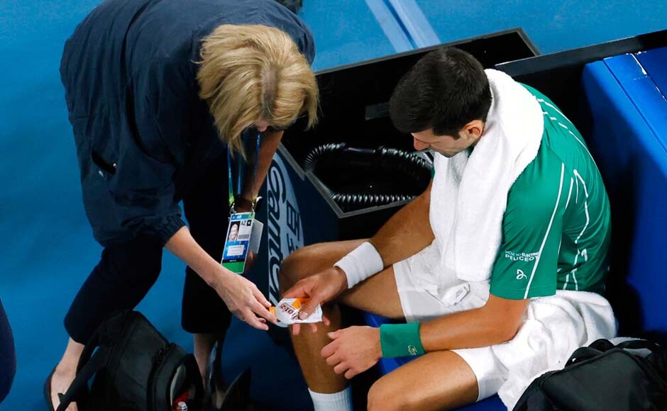 Dominic Thiem then won the third set to lead the Australian Open final against Novak Djokovic by two sets to one. Djokovic looked drained, and after losing the set, took a lengthy medical timeout. AP Dominic Thiem then won the third set to lead the Australian Open final against Novak Djokovic by two sets to one. Djokovic looked drained, and after losing the set, took a lengthy medical timeout. AP