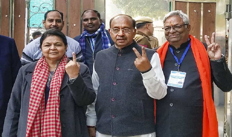 BJP leader Vijay Goel outside a polling station in Delhi after casting his vote. PTI BJP leader Vijay Goel outside a polling station in Delhi after casting his vote. PTI