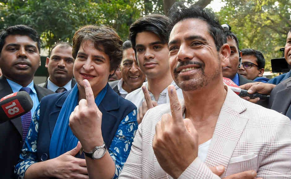 Congress general secretary Priyanka Gandhi Vadra along with her husband Robert Vadra (R) and son Raihan Vadra (C), who voted for the first time, show their finger marked with indelible ink after casting their votes. PTI Congress general secretary Priyanka Gandhi Vadra along with her husband Robert Vadra (R) and son Raihan Vadra (C), who voted for the first time, show their finger marked with indelible ink after casting their votes. PTI