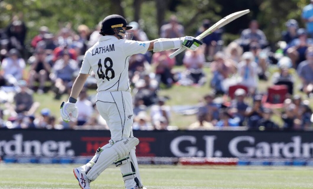 New Zealand's Tom Latham reacts after scoring a half century during play on day two of the second Test between New Zealand and India. AP New Zealand's Tom Latham reacts after scoring a half century during play on day two of the second Test between New Zealand and India. AP