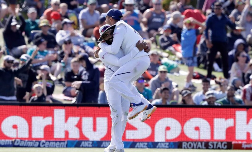 India's Ravindra Jadeja, left, is congratulated by teammate Mayank Agarwal after taking a catch to dismiss New Zealand's Neil Wagner during play on day two of the second Test between New Zealand and India. AP India's Ravindra Jadeja, left, is congratulated by teammate Mayank Agarwal after taking a catch to dismiss New Zealand's Neil Wagner during play on day two of the second Test between New Zealand and India. AP