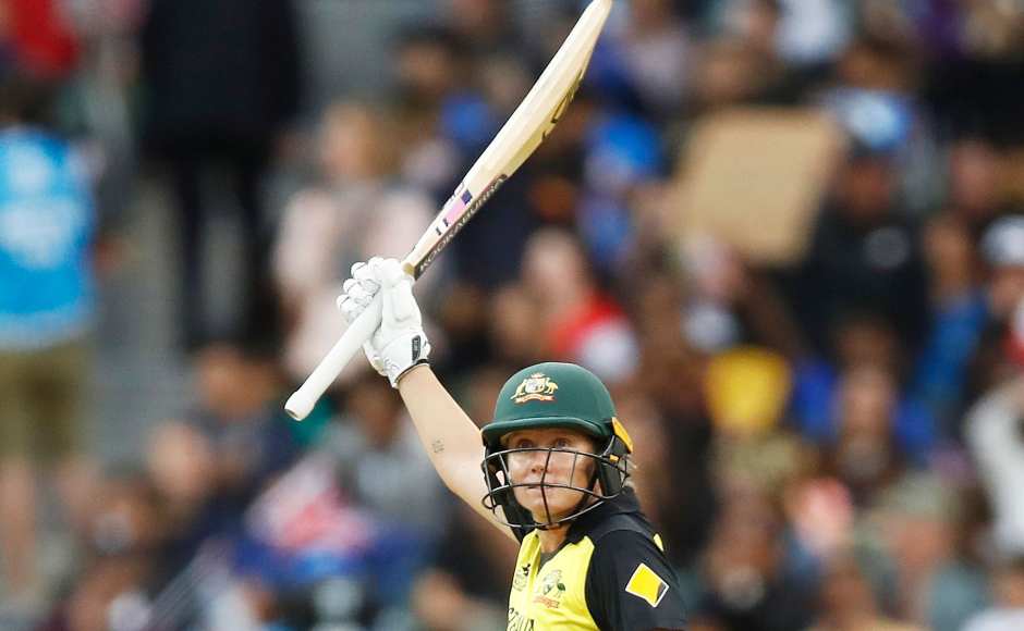 Alyssa Healy raises her bat after scoring a half-century. ICC Media Alyssa Healy raises her bat after scoring a half-century. ICC Media