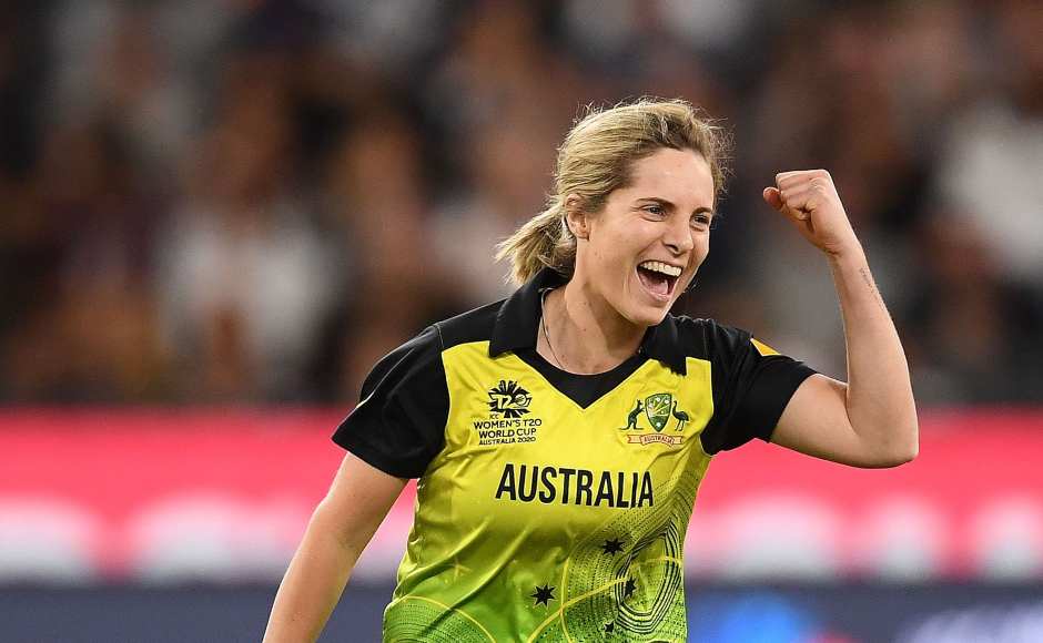 Sophie Molineux celebrates the dismissal of Smriti Mandhana who was dismissed courtesy a catch by Nicola Carey at mid-off. ICC Media Sophie Molineux celebrates the dismissal of Smriti Mandhana who was dismissed courtesy a catch by Nicola Carey at mid-off. ICC Media