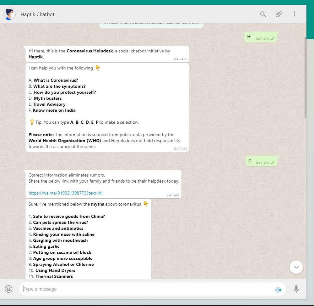The AI based chatbot that is accessible via Whatsapp.