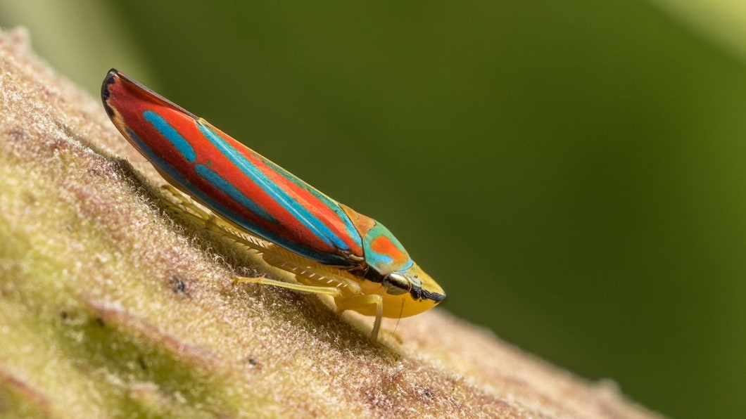 Red-banded leafhopper's mouths are formed like beaks that allow them to suck plant juices or the liquefied insides of their animal prey. Red-banded leafhopper's mouths are formed like beaks that allow them to suck plant juices or the liquefied insides of their animal prey.