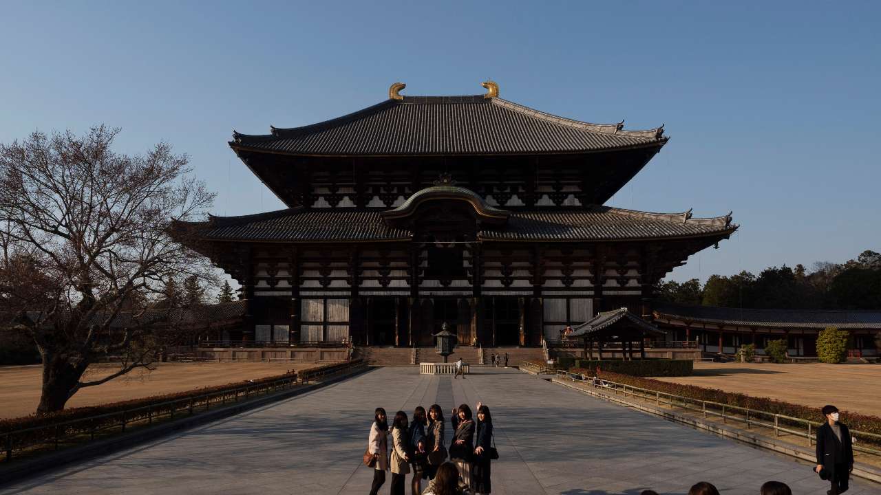 Tourists pause for photos in front of Todaiji temple’s main hall in Nara, Japan in 17 March 2020. Nara was among the first Japanese town hit by the COVID-19 in late January when a tour bus driver tested positive and became the first Japanese patient. He was infected after carrying tourists from Wuhan, China. Image credit: AP /Jae C. Hong Tourists pause for photos in front of Todaiji temple’s main hall in Nara, Japan in 17 March 2020. Nara was among the first Japanese town hit by the COVID-19 in late January when a tour bus driver tested positive and became the first Japanese patient. He was infected after carrying tourists from Wuhan, China. Image credit: AP /Jae C. Hong