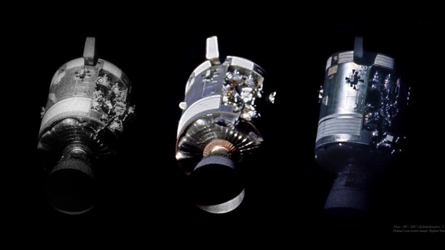 SWIGERT: "Okay, Houston, we've had a problem here." CAPCOM: "This is Houston. Say again, please." LOVELL: "Houston, we've had a problem." This is a reprocessed image of the Apollo 13 service module that shows the extent of the damage. Image credit: NASA/Andy Saunders SWIGERT: "Okay, Houston, we've had a problem here." CAPCOM: "This is Houston. Say again, please." LOVELL: "Houston, we've had a problem." This is a reprocessed image of the Apollo 13 service module that shows the extent of the damage. Image credit: NASA/Andy Saunders