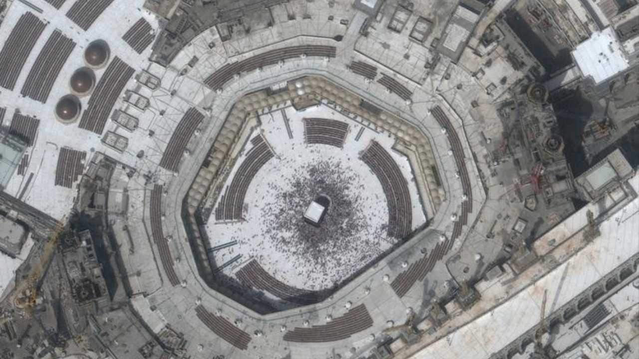 A satellite image of The Great Mosque and Kabba in Mecca, Saudi Arabia on 3 March 2020. The religious area was reopened on 7 March after a series of measures were undertaken to combat the spread of coronavirus. Saudi authorities had suspended the year-round Umrah pilgrimage, where devotees circle the Kabba seven times and closed the area around the Kabba as well. Image credit: Maxar Technologies A satellite image of The Great Mosque and Kabba in Mecca, Saudi Arabia on 3 March 2020. The religious area was reopened on 7 March after a series of measures were undertaken to combat the spread of coronavirus. Saudi authorities had suspended the year-round Umrah pilgrimage, where devotees circle the Kabba seven times and closed the area around the Kabba as well. Image credit: Maxar Technologies