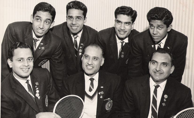 India's 1966 Thomas Cup team -- (sitting) Nandu Natekar, manager Sri Ram Chadha. Image procured by Shirish Nadkarni.