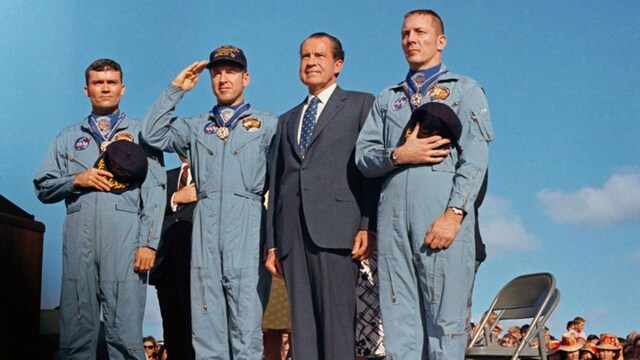 President Nixon awards the Apollo 13 crew members the Presidential Medal of Freedom, the highest civilian honour. He also awarded this medal to the Mission Operations Team. Image credit: NASA President Nixon awards the Apollo 13 crew members the Presidential Medal of Freedom, the highest civilian honour. He also awarded this medal to the Mission Operations Team. Image credit: NASA
