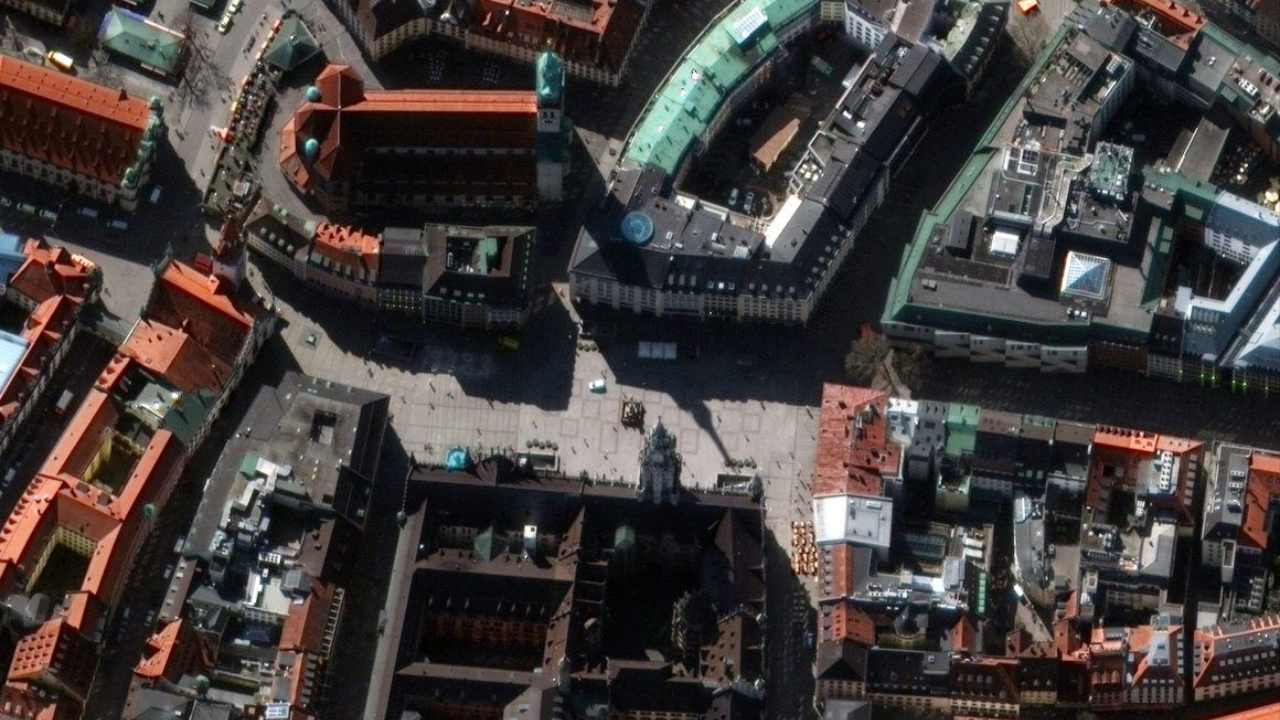 A satellite images showing the Marienplatz, Munich's central square in Germany from March 2020. The country has a high infection rate but the number of death is very low as they have been conducting widespread testing. Germany was one of the first countries to develop a reliable method for testing for COVID-19 as healthcare is administered at the state level and it does not have a restrictive central regulatory body. Image credit: Twitter/Maxar Technologies A satellite images showing the Marienplatz, Munich's central square in Germany from March 2020. The country has a high infection rate but the number of death is very low as they have been conducting widespread testing. Germany was one of the first countries to develop a reliable method for testing for COVID-19 as healthcare is administered at the state level and it does not have a restrictive central regulatory body. Image credit: Twitter/Maxar Technologies