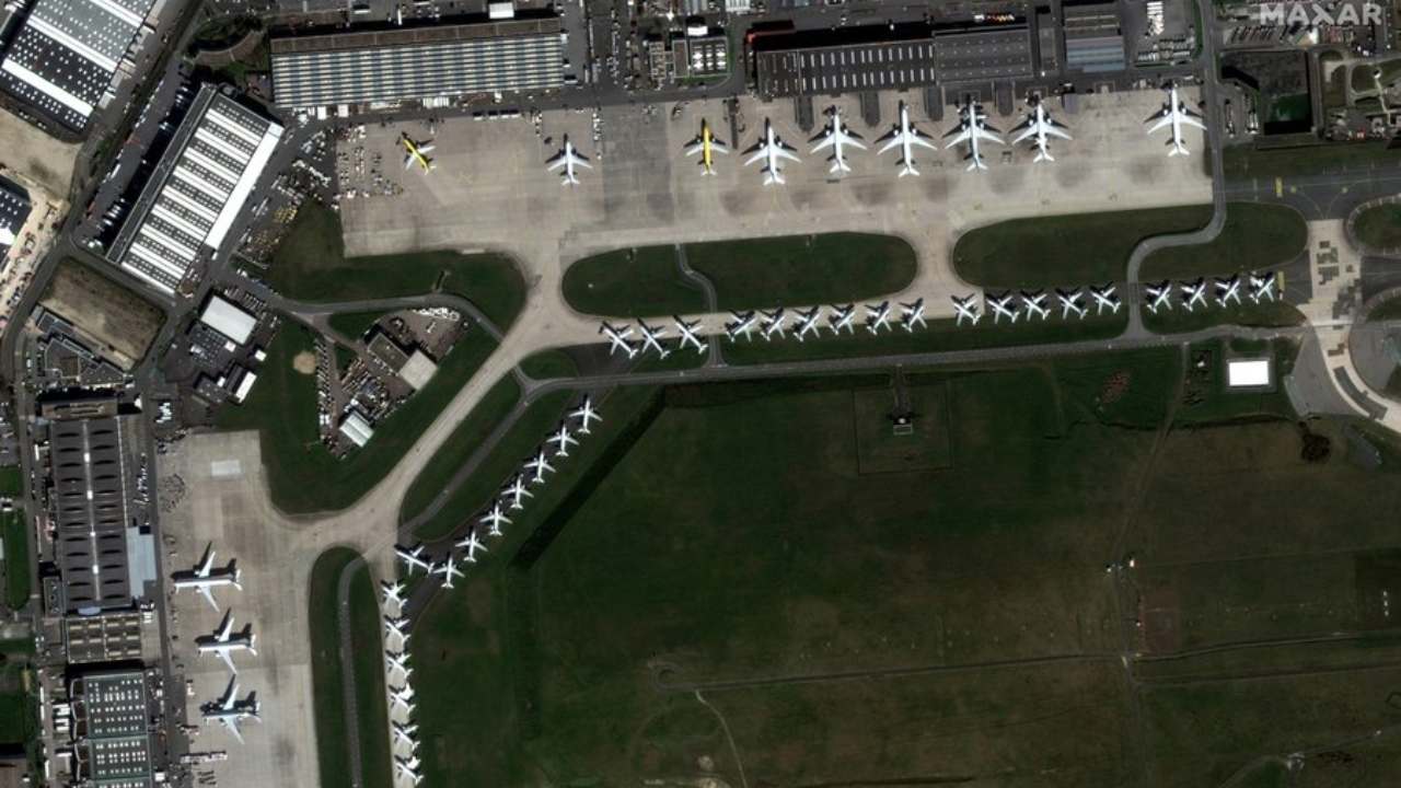 Planes grounded at the Paris-Charles De Gaulle Airport on March 27. France has gone under locked and will remain closed till 15 April in order to stop the spread of the novel coronavirus. Image credit: Twitter/Maxar Technologies Planes grounded at the Paris-Charles De Gaulle Airport on March 27. France has gone under locked and will remain closed till 15 April in order to stop the spread of the novel coronavirus. Image credit: Twitter/Maxar Technologies