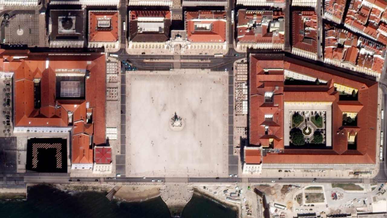 A satellite view of the Praça do Comércio in Lisbon, Portugal March 2020. Portugal has declared a state of emergency for 15 days and has given all the migrant and asylum seekers full citizenship rights in order to give them access to healthcare. Image credit: Twitter/Maxar Technologies A satellite view of the Praça do Comércio in Lisbon, Portugal March 2020. Portugal has declared a state of emergency for 15 days and has given all the migrant and asylum seekers full citizenship rights in order to give them access to healthcare. Image credit: Twitter/Maxar Technologies