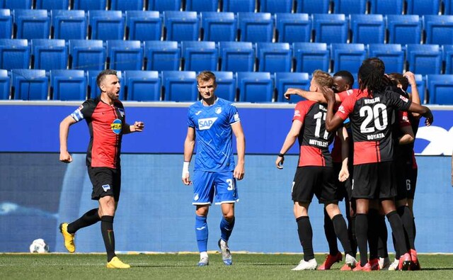Only Hertha Berlin’s players violated the rules when they celebrated their goals in the usual way as a group during a 3-0 win against Hoffenheim. AP Only Hertha Berlin’s players violated the rules when they celebrated their goals in the usual way as a group during a 3-0 win against Hoffenheim. AP
