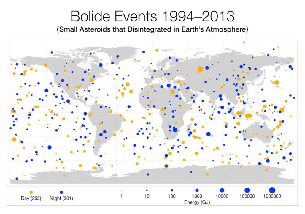 Map of small asteroids that disintegrated in the atmosphere 1994-2013. Image: NASA