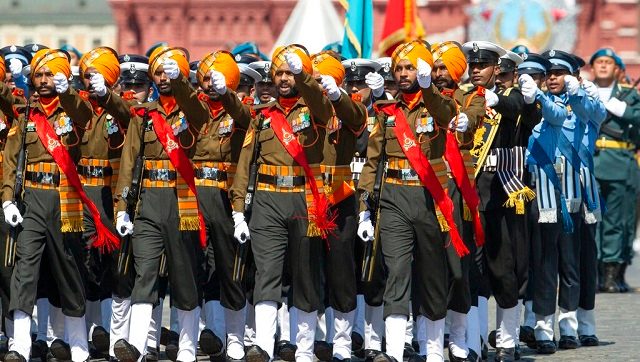 A tri-service contingent of the Indian Armed Forces comprised 75 all ranks and marched along with contingents of Russian Armed Forces and 17 other countries and Defence Minister Rajnath Singh, who attended the parade, said he was proud of the contingent. AP A tri-service contingent of the Indian Armed Forces comprised 75 all ranks and marched along with contingents of Russian Armed Forces and 17 other countries and Defence Minister Rajnath Singh, who attended the parade, said he was proud of the contingent. AP