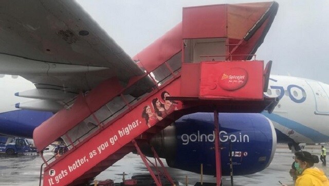 Strong winds cause Spicejet ladder to crash into parked IndiGo aircraft at Mumbai airport; right wing, engine cowling damaged Strong winds cause Spicejet ladder to crash into parked IndiGo aircraft at Mumbai airport; right wing, engine cowling damaged