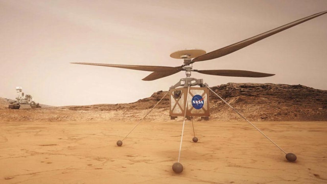The Mars Helicopter, Ingenuity, is a technology demonstration to test powered flight on another world for the first time. It is hitching a ride on the Perseverance rover. Image credit: NASA