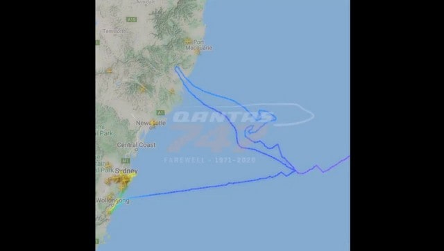 Qantas' last Boeing 747 traces carrier's iconic kangaroo logo after taking to sky for its final journey Qantas' last Boeing 747 traces carrier's iconic kangaroo logo after taking to sky for its final journey