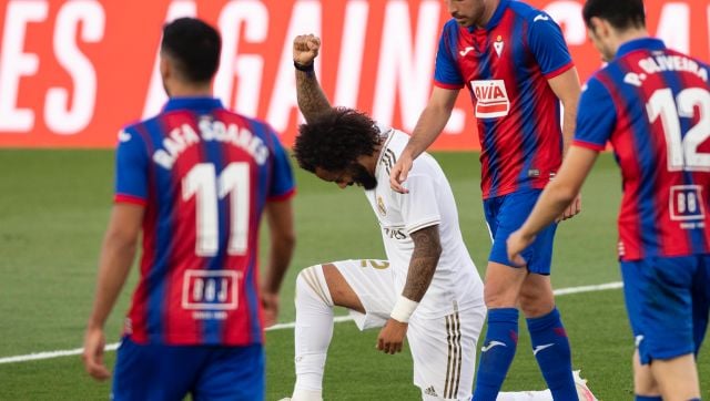 Marcelo, Real Madrid defender, gestured by kneeling and raising his feet in support of the Black Lives Matter movement. LaLiga Marcelo, Real Madrid defender, gestured by kneeling and raising his feet in support of the Black Lives Matter movement. LaLiga